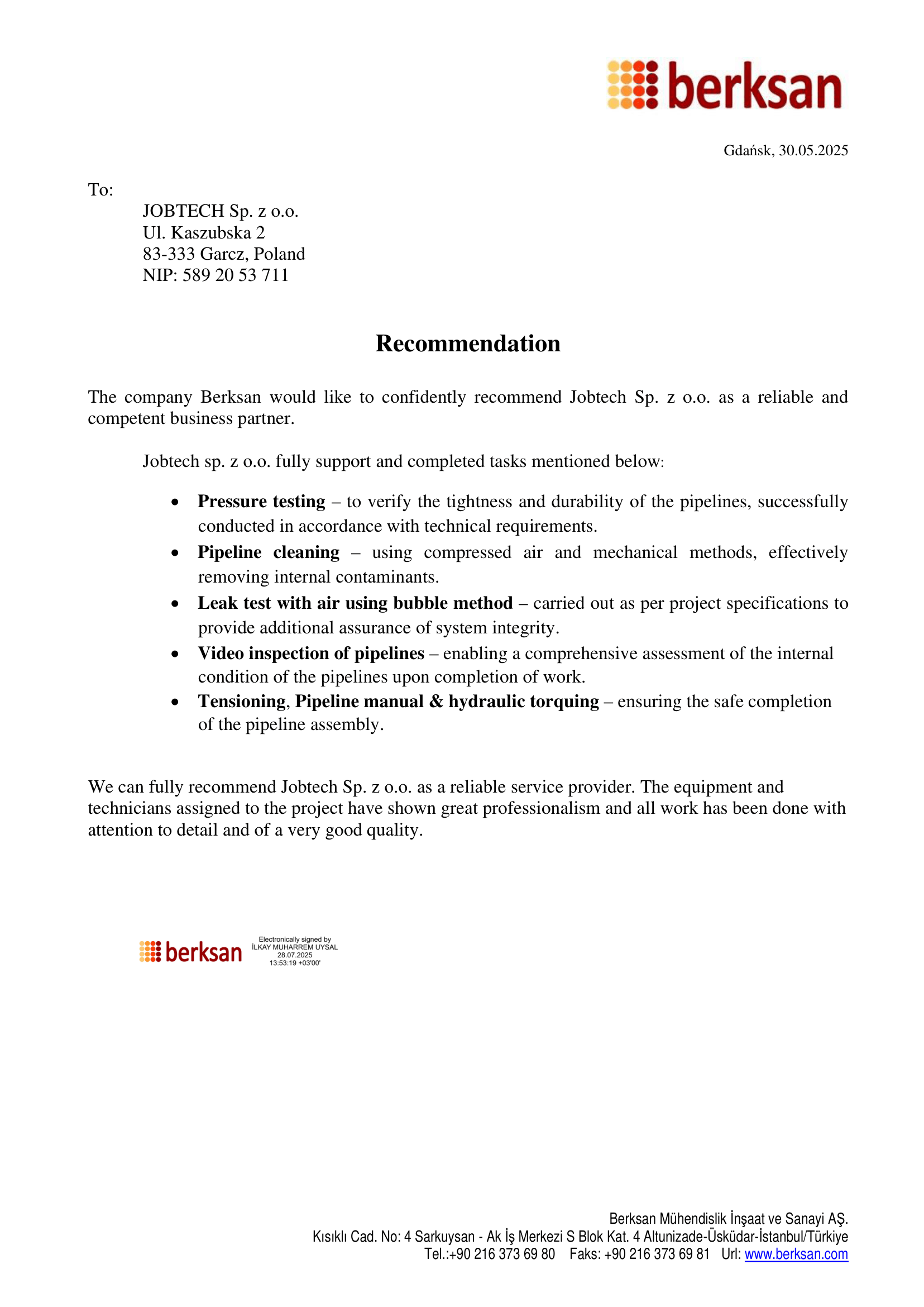 Prace rurociągowe: próby szczelności, inspekcja wideo, dokręcanie – Berksan, Gdańsk (PL) reference preview