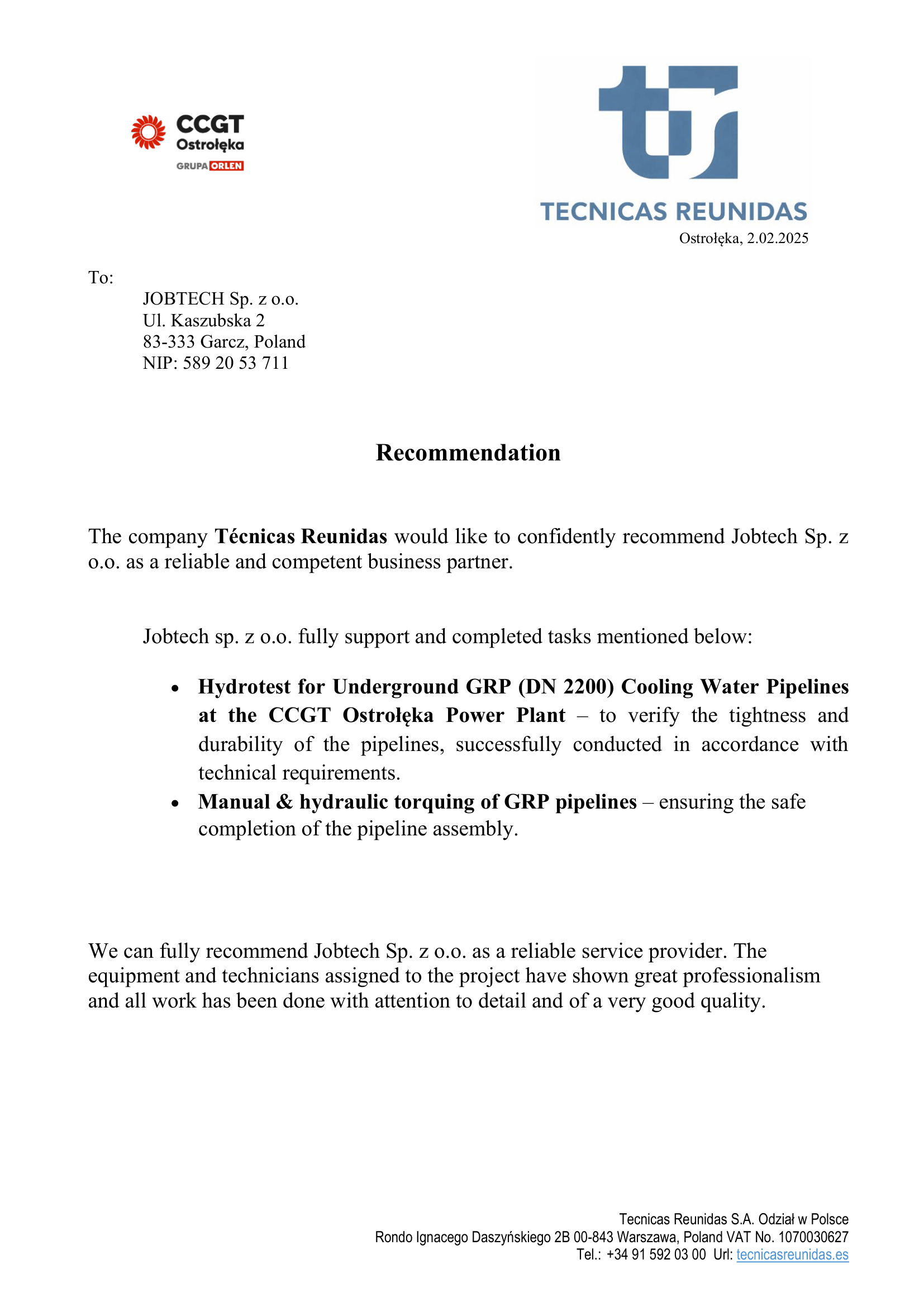 Hydrotest i dokręcanie rurociągów GRP (DN 2200) wody chłodzącej – CCGT Ostrołęka (PL) reference preview