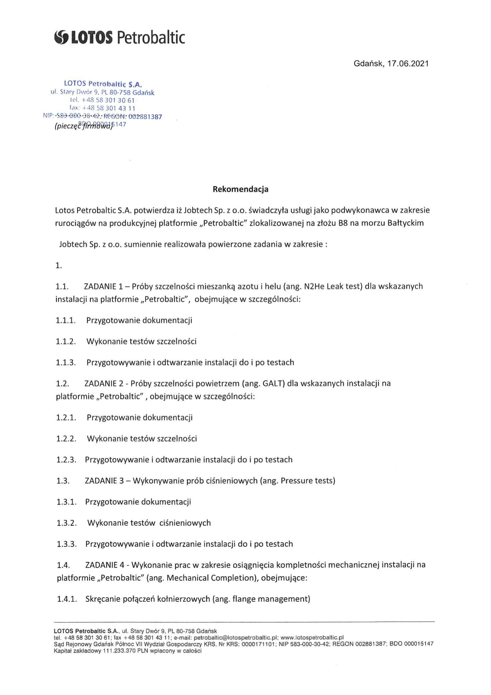 Usługi rurociągowe na platformie „Petrobaltic" (złoże B8, Bałtyk) – LOTOS Petrobaltic (PL) reference preview